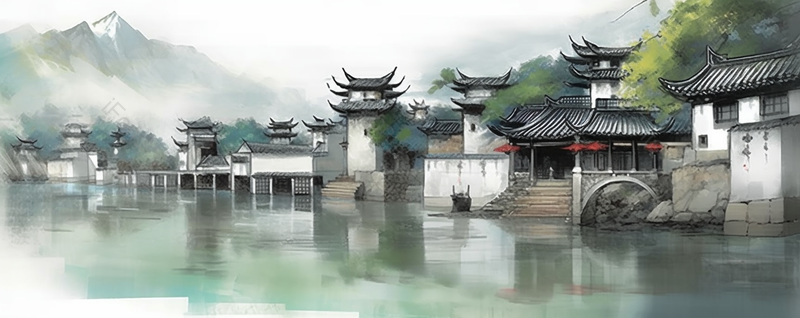 中国水墨风格水边建筑房,插画/手绘图,插画/手绘图库,插画/手绘图下载,插画/手绘